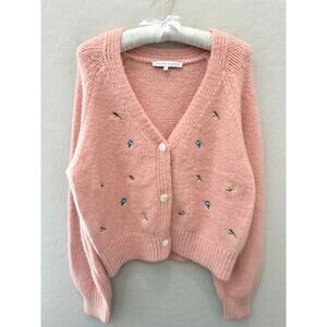 ENGLISH FACTORY | Pink Embroidered Floral Button Front Cardigan Sweater | Large